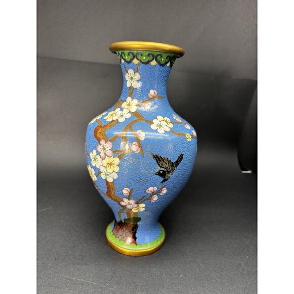 Vintage Chinese 8 1/4" BLUE CLOISONNE VASE Enamel Brass Cherry Blossom w/Bird - Picture 16 of 16